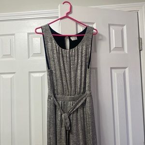 Black and silver shimmer jumpsuit with tie waist belt